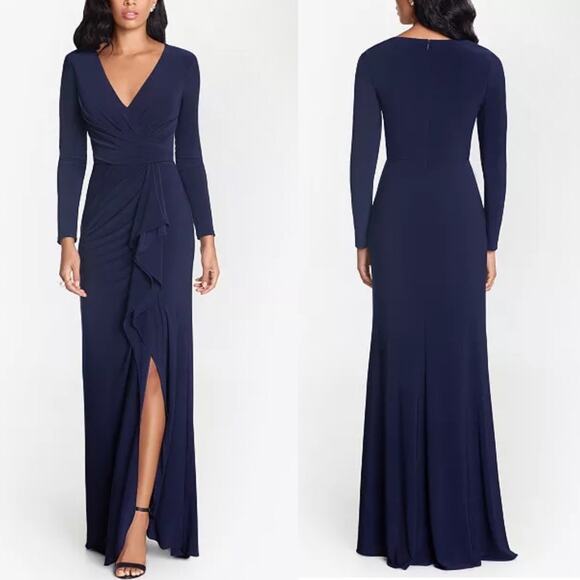 Betsy & Adam Navy Stretch V Neck Long Sleeve Ruffle Prom Maxi Dress Womens 16 - Picture 1 of 12